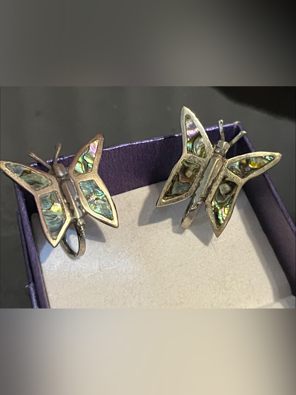 Vintage Sterling Silver Abalone Butterfly Screw Back Earrings - Picture 9 of 9